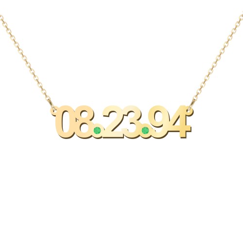 Date Necklace with Birthstones – 10K Yellow Gold with Emerald