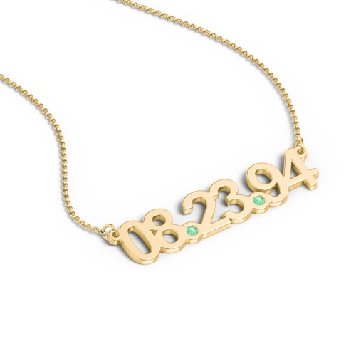 Date Necklace with Birthstones – 10K Yellow Gold with Emerald