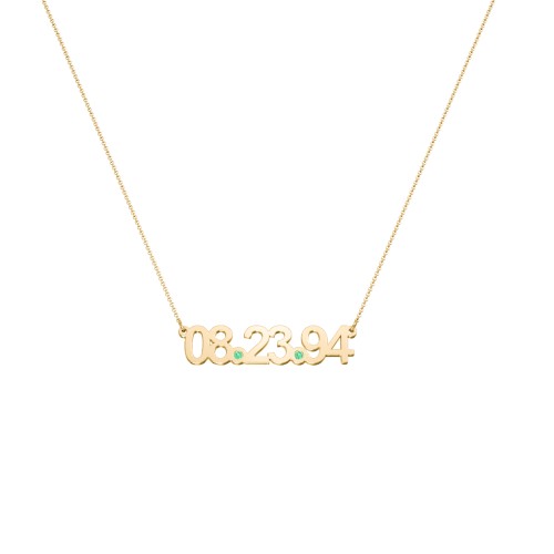 Date Necklace with Birthstones – 10K Yellow Gold with Emerald