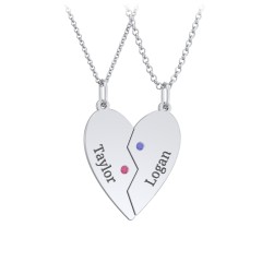 Engravable Split Heart Couples Necklace Set with Birthstones – Sterling Silver with Ruby and Blue Sapphire