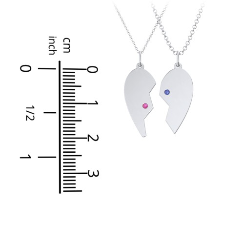 Engravable Split Heart Couples Necklace Set with Birthstones – Sterling Silver with Ruby and Blue Sapphire