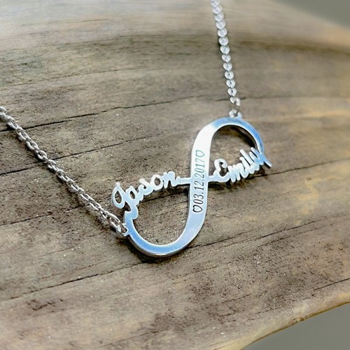 Engravable Two Name Infinity Necklace – Sterling Silver