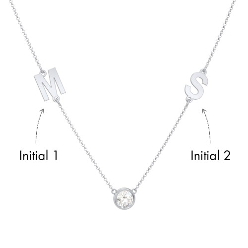 Personalized Initials Necklace with Bezel Set Birthstone – Sterling Silver with Cubic Zirconia