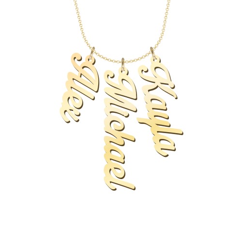 Personalized Vertical 3 Names Necklace in Glamorous Font – 10K Yellow Gold