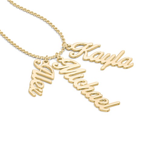 Personalized Vertical 3 Names Necklace in Glamorous Font – 10K Yellow Gold