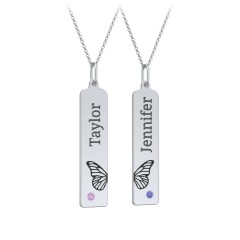 Engravable Butterfly Bar Necklace Set with Birthstones – Sterling Silver with Amethyst and Blue Sapphire