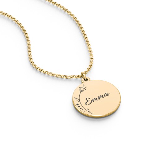 Engravable Floral Small Disc Necklace – 10K Yellow Gold
