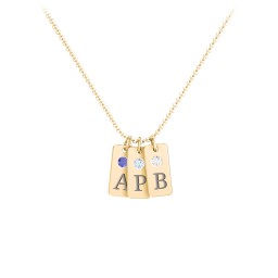 Small Initial 3 Tag Necklace with Birthstone in 18K Gold Plated Silver with Fancy Blue Premium Zirconia, Aquamarine, Cubic Zirconia, Amethyst Premium Zirconia, and Fancy Pink Premium Zirconia