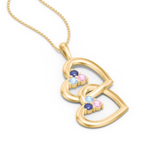Unity Interlocking Hearts Birthstone Pendant – 10K Yellow Gold with Blue Sapphire, Blue Topaz, and Pink Tourmaline