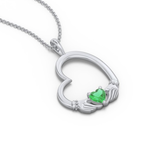 Tilted Heart Claddagh Pendant – Sterling Silver with Emerald