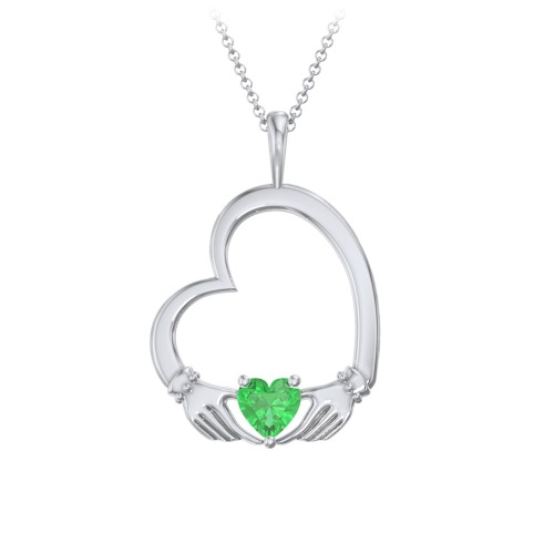 Tilted Heart Claddagh Pendant – Sterling Silver with Emerald