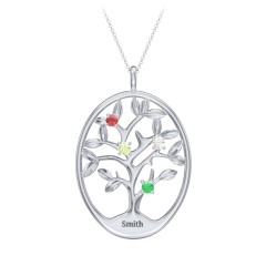 4-15 Stones Oval Family Tree Pendant – 10K White Gold with Garnet, Peridot, Cubic Zirconia, and Emerald