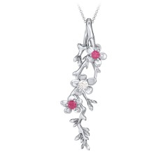 Cherry Blossoms in Bloom Branch Pendant – 10K Yellow Gold with Ruby and Cubic Zirconia