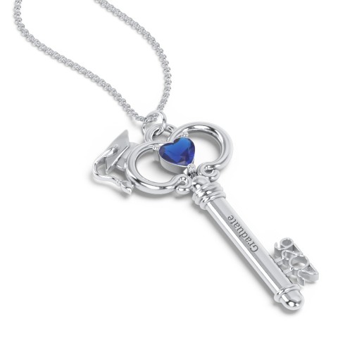 Graduation Key Pendant – Sterling Silver with Blue Sapphire