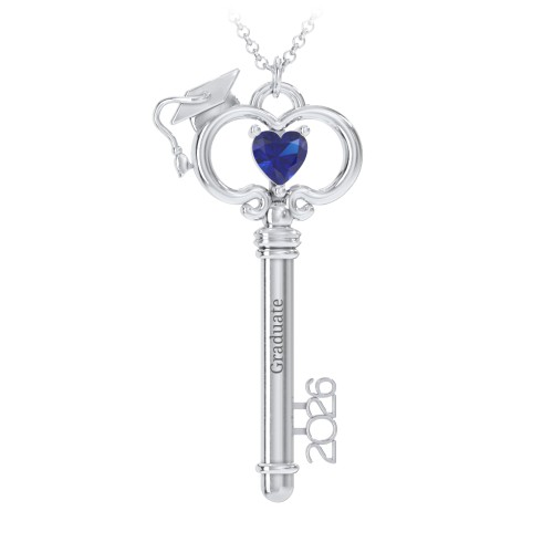 Graduation Key Pendant – Sterling Silver with Blue Sapphire