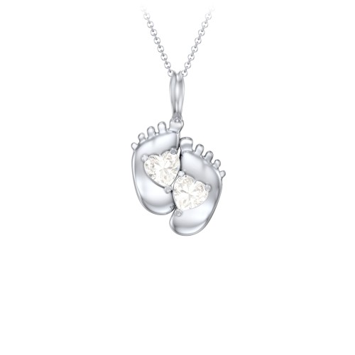Engravable Baby Feet Two Stone Pendant – 10K White Gold with Cubic Zirconia