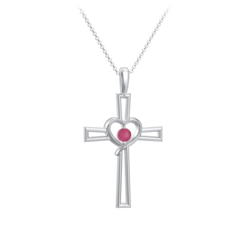 Cross and Heart Pendant with Birthstone – Sterling Silver with Ruby