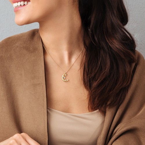 Moon and Constellation Gemstone Pendant – 10K White Gold with Citrine, Cubic Zirconia, and Aquamarine