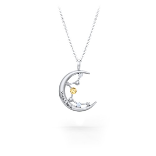 Moon and Constellation Gemstone Pendant – 10K White Gold with Citrine, Cubic Zirconia, and Aquamarine