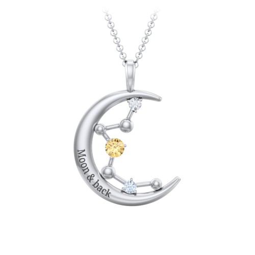 Moon and Constellation Gemstone Pendant – 10K White Gold with Citrine, Cubic Zirconia, and Aquamarine