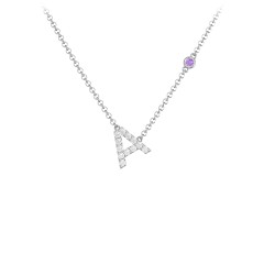 Pavé A Initial Necklace with Satellite Gemstone – Sterling Silver with White Premium Zirconia and Amethyst