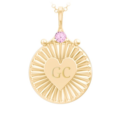 Engravable Sunburst Heart Necklace with Gemstone – 10K Yellow Gold with Pink Tourmaline