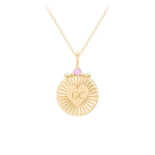 Engravable Sunburst Heart Necklace with Gemstone – 10K Yellow Gold with Pink Tourmaline