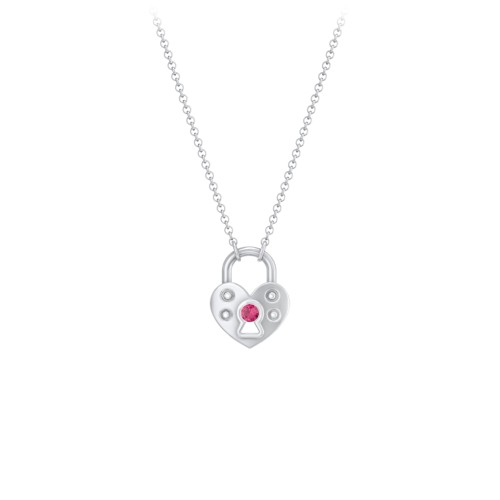 Heart Padlock Necklace with Gemstone Keyhole – 10K White Gold with Ruby