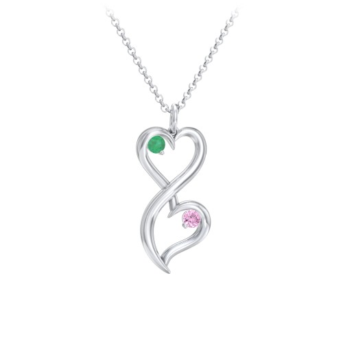 Stacked Hearts Gemstone Necklace – 10K White Gold with Emerald and Pink Sapphire