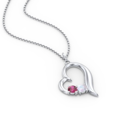 Tilted Open Heart Pendant with Gemstones – Sterling Silver with Ruby and Opal