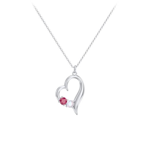 Tilted Open Heart Pendant with Gemstones – Sterling Silver with Ruby and Opal