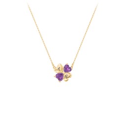 Lucky Clover Hearts And Gemstones Necklace in 10K Solid Yellow Gold with Amethyst
