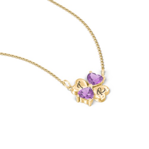 Lucky Clover Hearts And Gemstones Necklace – 10K Yellow Gold with Amethyst