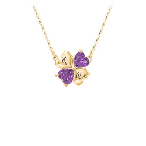 Lucky Clover Hearts And Gemstones Necklace – 10K Yellow Gold with Amethyst