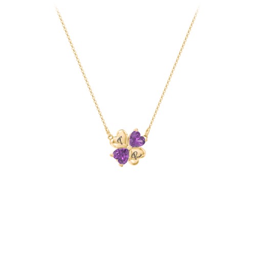 Lucky Clover Hearts And Gemstones Necklace – 10K Yellow Gold with Amethyst