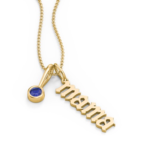 Gothic Mama Necklace with Birthstone Charm – 10K Yellow Gold with Blue Sapphire