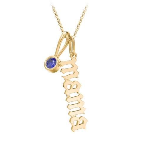 Gothic Mama Necklace with Birthstone Charm – 10K Yellow Gold with Blue Sapphire