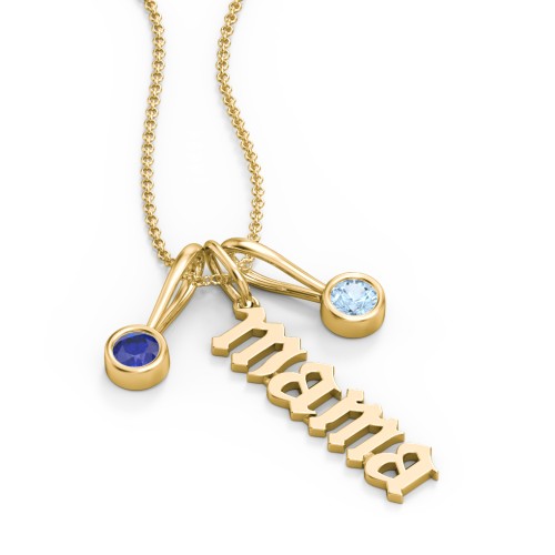 Gothic Mama Necklace with 2 Birthstone Charms – 10K Yellow Gold with Blue Sapphire and Blue Topaz