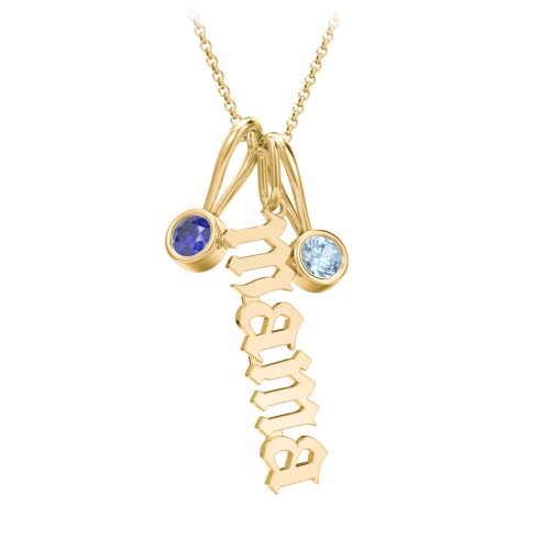 Gothic Mama Necklace with 2 Birthstone Charms – 10K Yellow Gold with Blue Sapphire and Blue Topaz