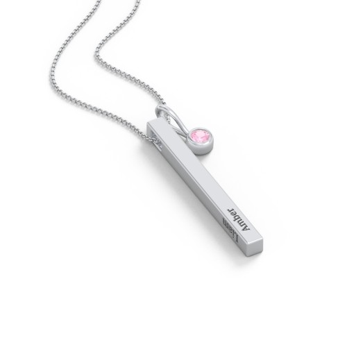Engravable Vertical 3D Bar Necklace with 1-Stone Charm – 10K White Gold with Pink Tourmaline