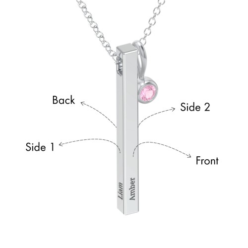 Engravable Vertical 3D Bar Necklace with 1-Stone Charm – 10K White Gold with Pink Tourmaline