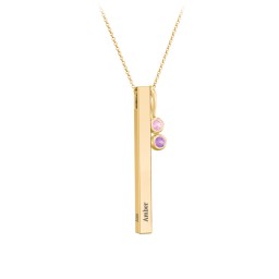 Engravable Vertical 3D Bar Necklace with 2-Stone Charm in 10K Solid Yellow Gold with Pink Tourmaline and Amethyst