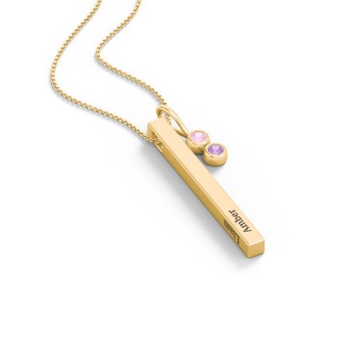 Engravable Vertical 3D Bar Necklace with 2-Stone Charm – 10K Yellow Gold with Pink Tourmaline and Amethyst