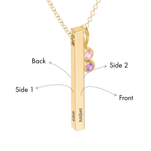 Engravable Vertical 3D Bar Necklace with 2-Stone Charm – 10K Yellow Gold with Pink Tourmaline and Amethyst