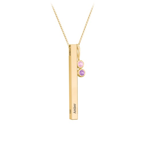 Engravable Vertical 3D Bar Necklace with 2-Stone Charm – 10K Yellow Gold with Pink Tourmaline and Amethyst