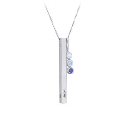 Engravable Vertical 3D Bar Necklace with 3-Stone Charm – 10K Yellow Gold with Lavender Premium Zirconia, Blue Topaz, and Blue Sapphire