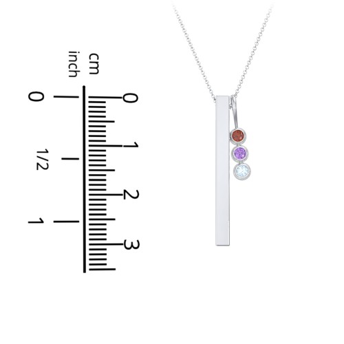 Engravable Vertical 3D Bar Necklace with 3-Stone Charm – 10K Yellow Gold with Lavender Premium Zirconia, Blue Topaz, and Blue Sapphire