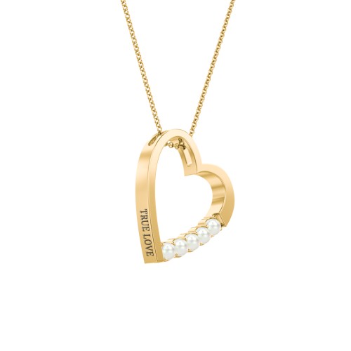 Engravable Tilted Heart Necklace with Pearls – 18K Gold Plated Silver with Freshwater Pearl