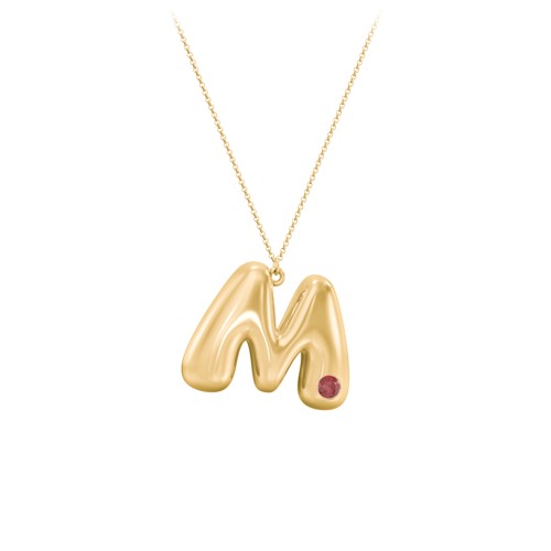 Custom Bubble Initial Necklace with Birthstone – 18K Gold Plated Silver with Garnet