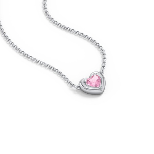 Puffy Heart Pendant with 1 Birthstone – Sterling Silver with Pink Tourmaline